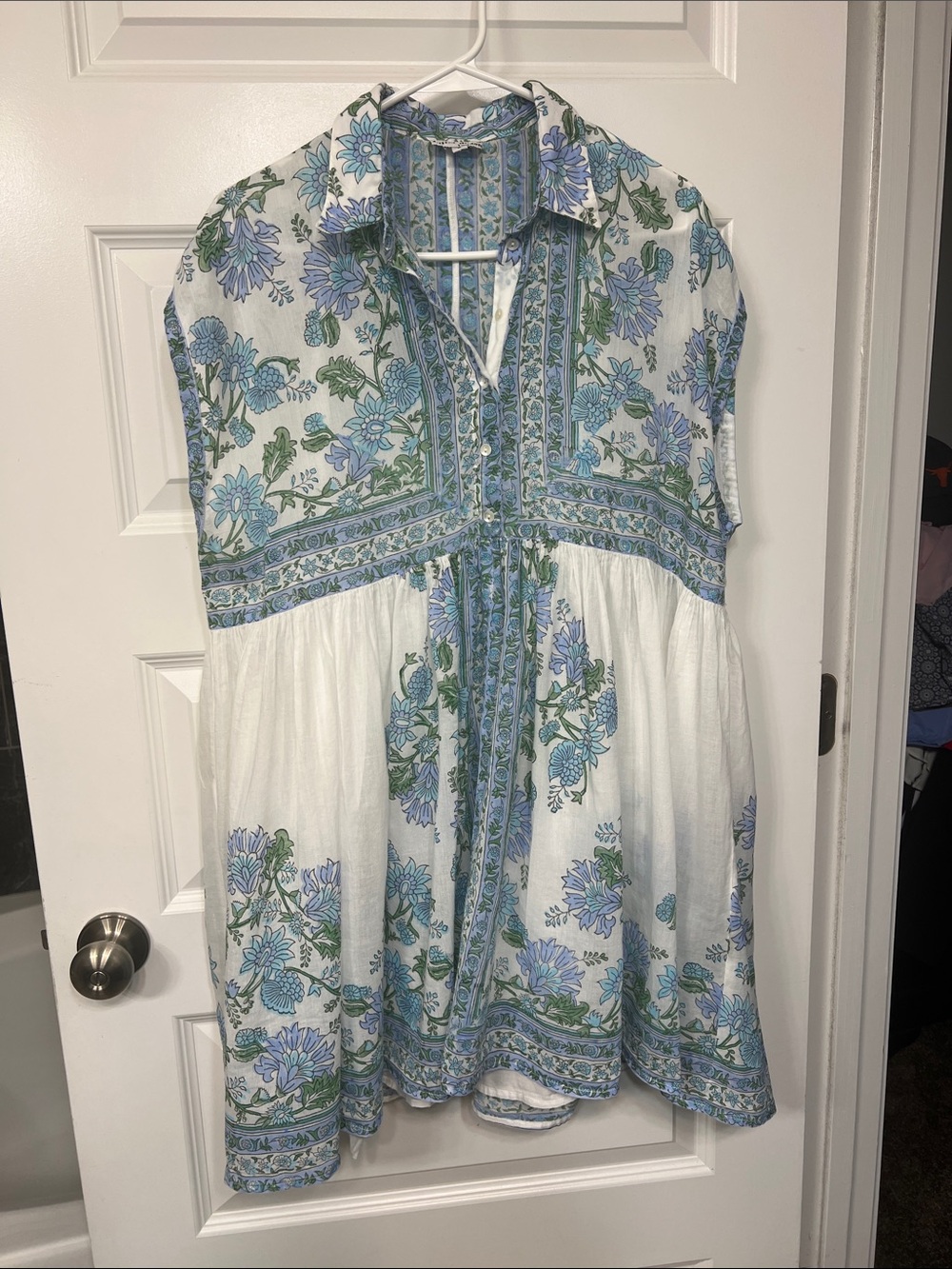 Juliet Dunn White Tunic Dress with Blue & Green Floral Print
